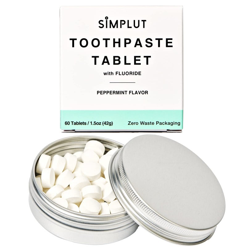SIMPLUT Chewable Toothpaste Tablets with Fluoride, 60 Pack - Travel Sized Oral Care, Eco Friendly Vegan Dental Tabs for Brushing - All Natural, SLS Free Ingredients for Adults - Peppermint Flavored - Image 1